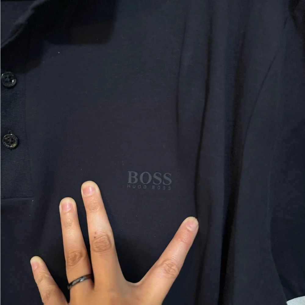 Boss Dark Blue Polo with Striped Sleeves - Picture 3 of 4